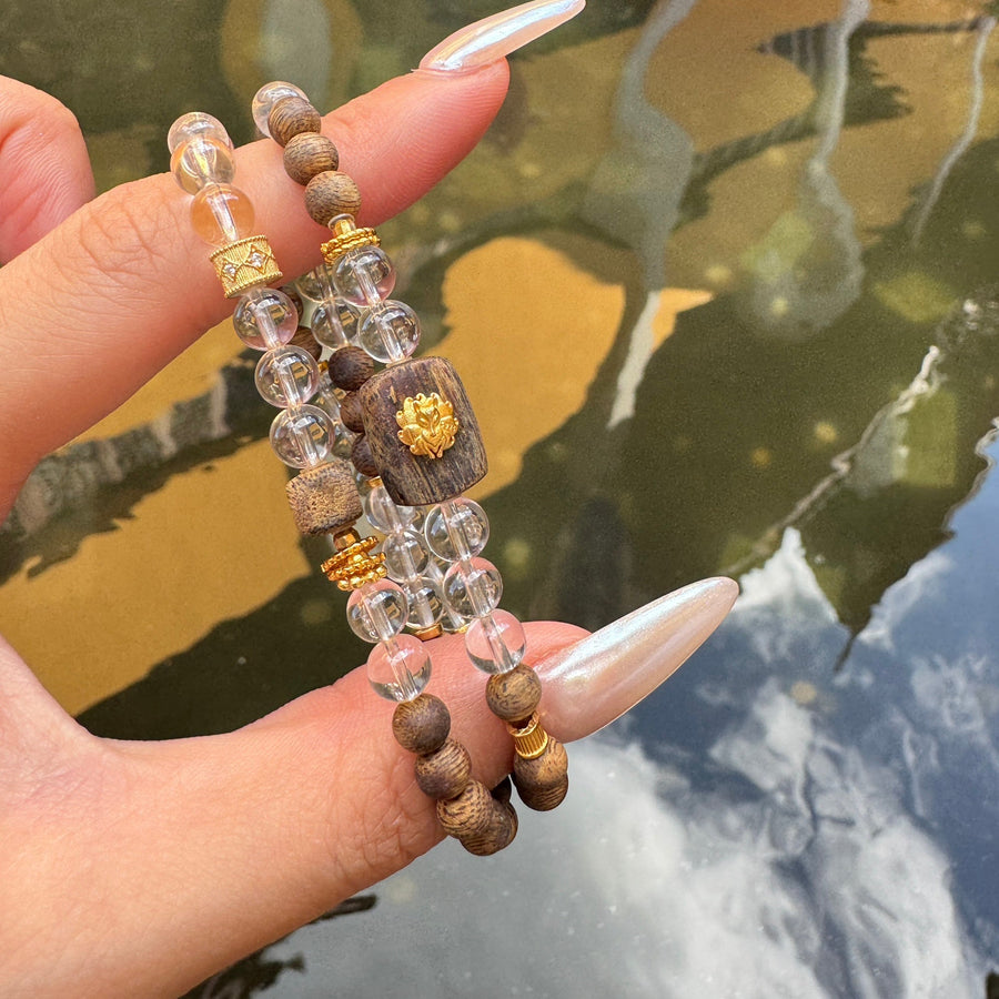 Natural Agarwood & Clear Crystal Beaded Bracelet