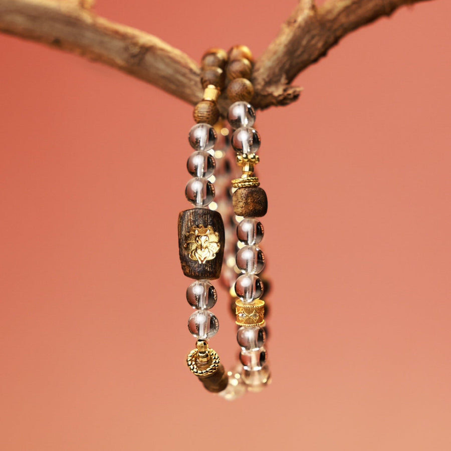 Natural Agarwood & Clear Crystal Beaded Bracelet